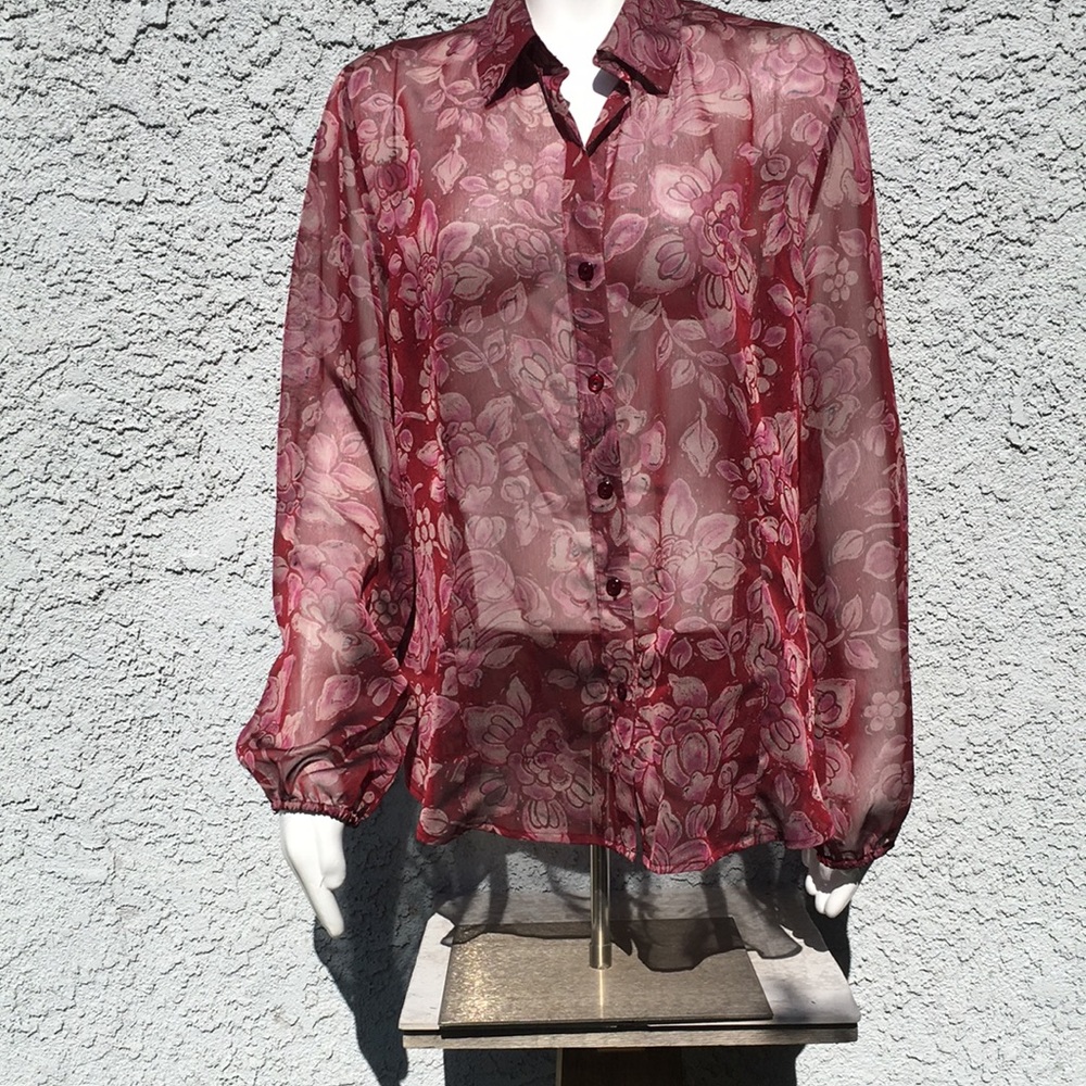 Nine & Co maroon floral sheer long sleeve blouse